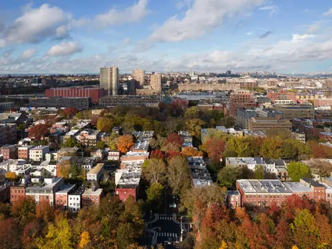 Rowhouse blocks and autumn trees around Hamilton Park in Jersey City, from the air